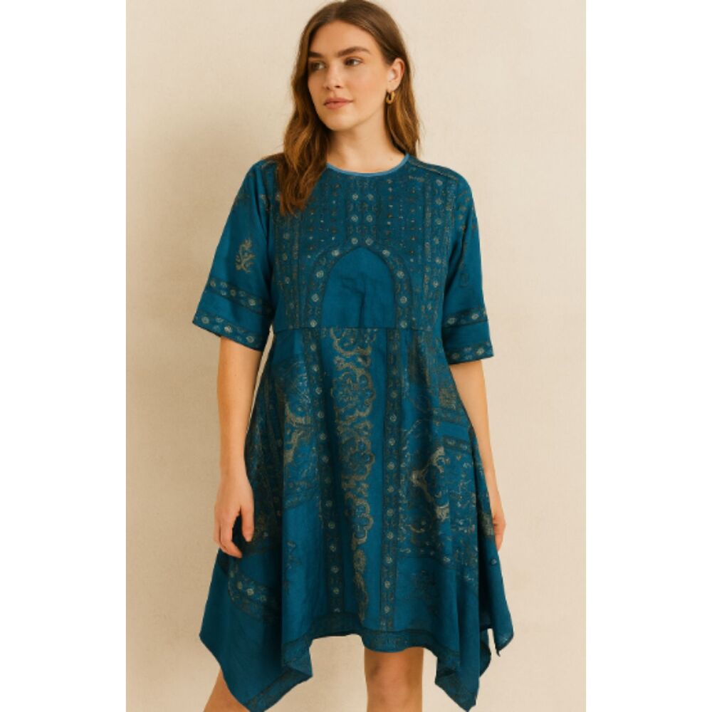 Ritu Kumar 100% Silk‎ Paisley Floral Indian Blue Dress Size Large